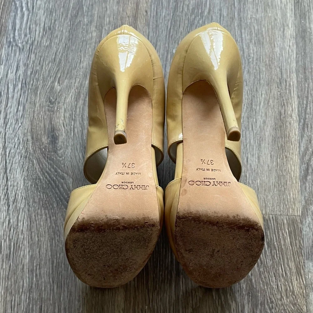Jimmy Choo Nude Patent Platform Peep Toe Heels Ankle Cuff Stiletto Pumps 37.5